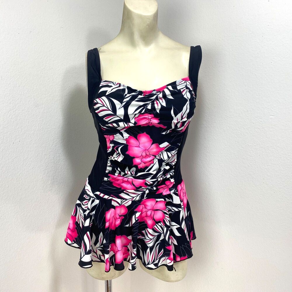 Your Best Look One Piece Floral Skirted Swimsuit Size 12 Tropic Pink Black White